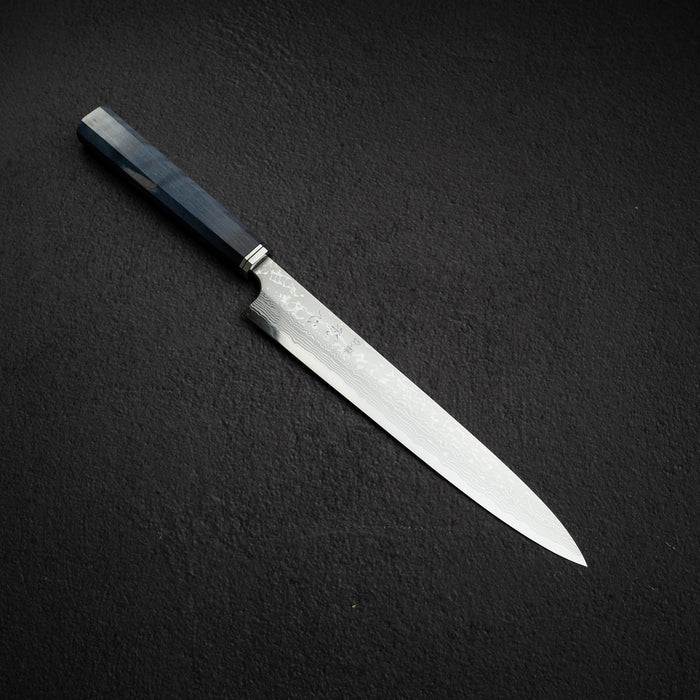 By Yoshihiro Yauji: a Ginsan damascus tsuchime petty 150 mm and a Blue 2 damascus yanagiba 240 mm.