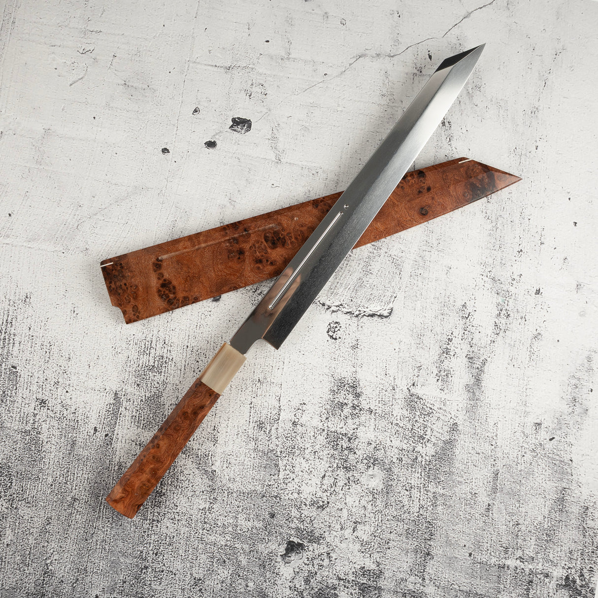 Exotic: Yoshikazu Ikeda Blue #1 Mizu-Honyaki K-tip Yanagiba 300mm with Blood Groove