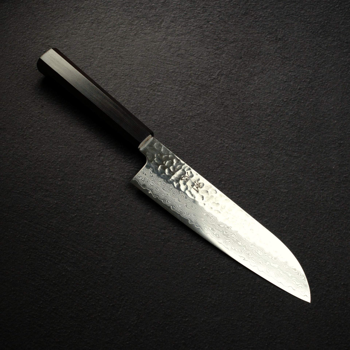 Hatsukokoro Hayabusa VG10 Damascus Tsuchime Santoku 180mm Ebony Handle