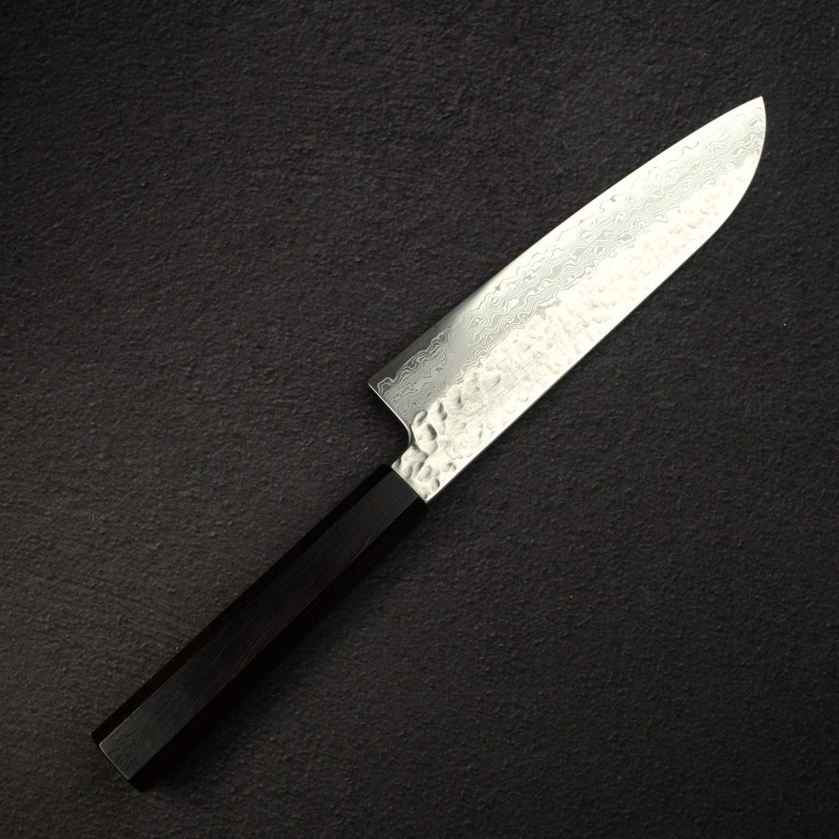 Hatsukokoro Hayabusa VG10 Damascus Tsuchime Santoku 180mm Ebony Handle