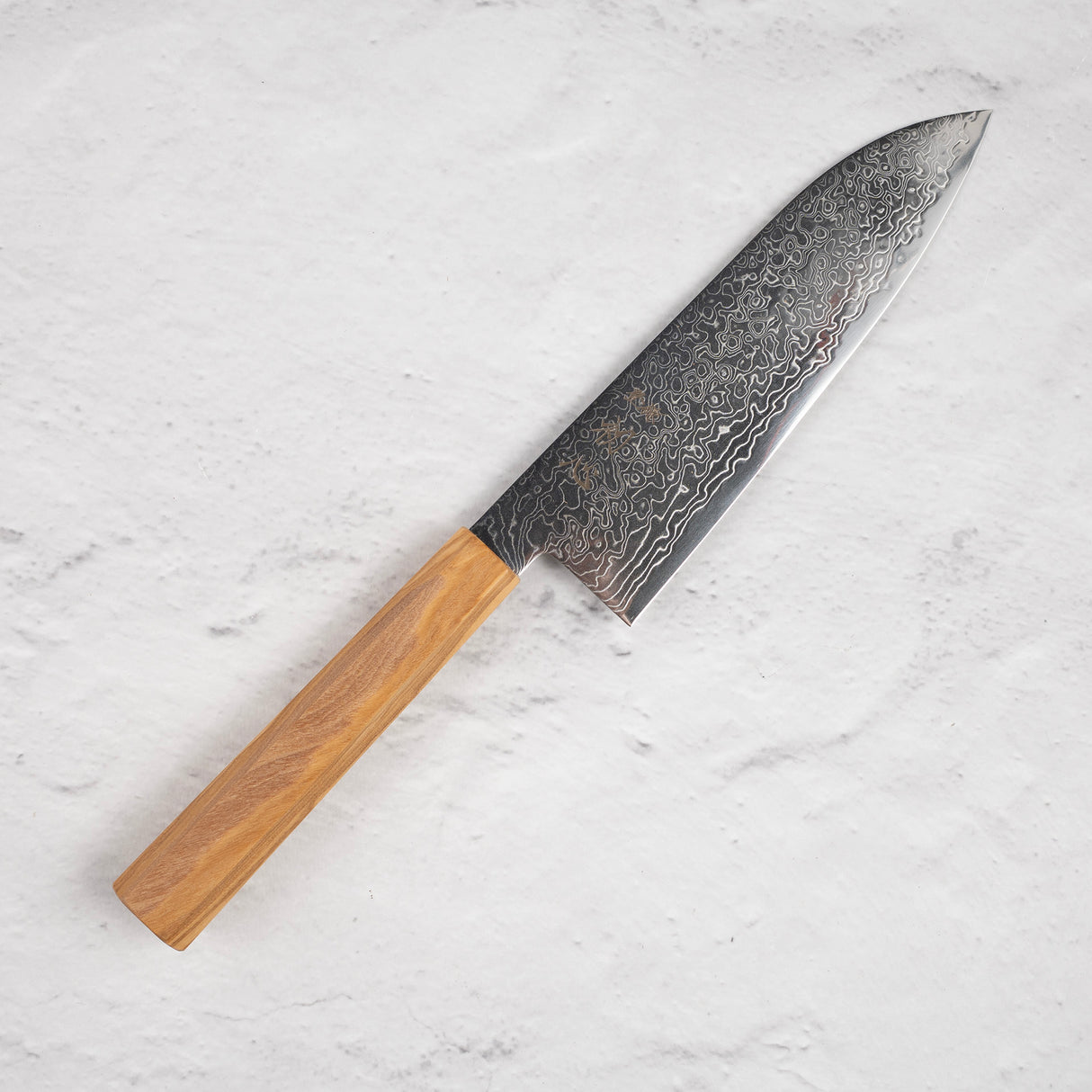 Hatsukokoro Ryuhyo SG2 Damascus Santoku 180mm Saya Included, Olivewood Handle