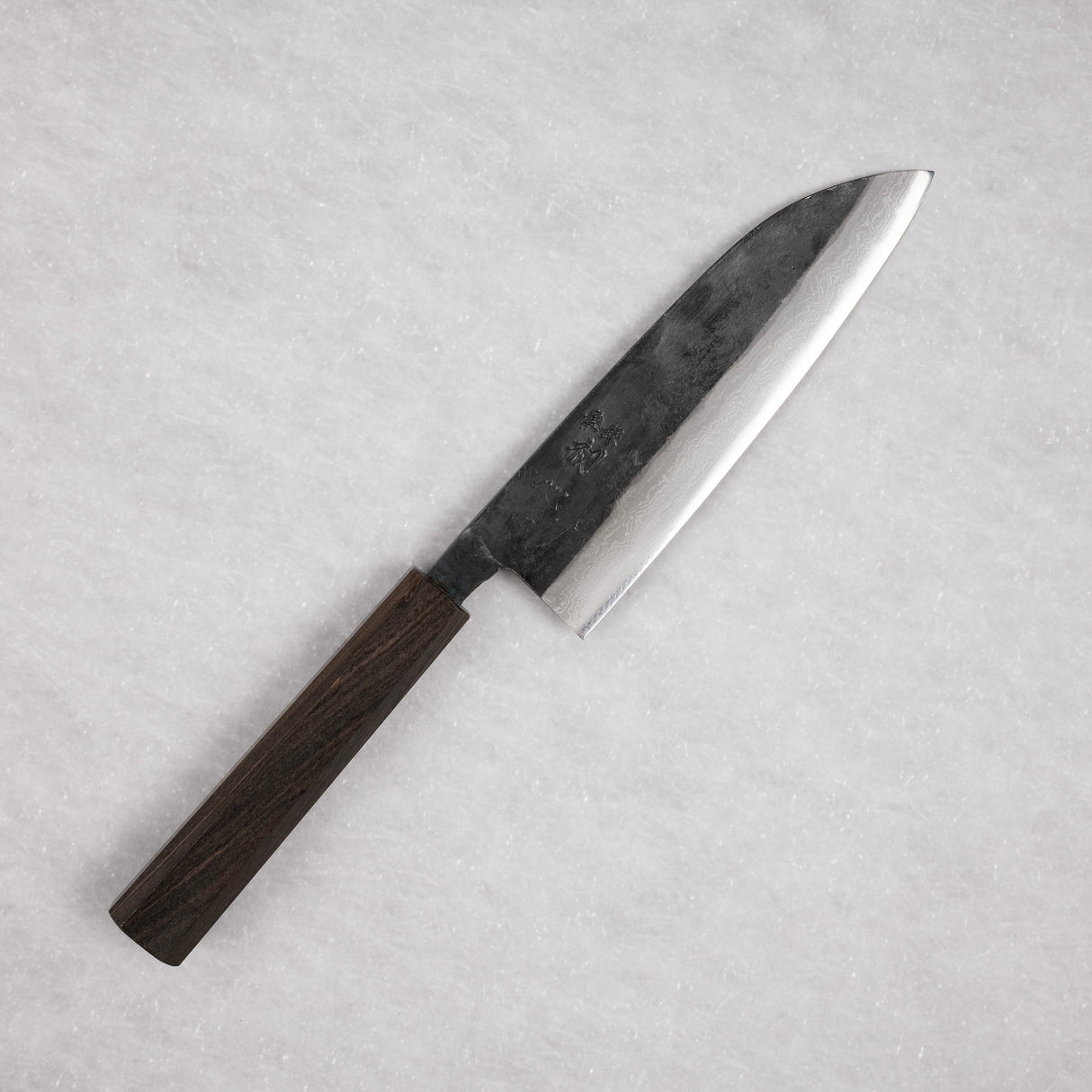 Hatsukokoro Shikkoku Blue 2 Kurouchi Damascus Santoku 165mm Ebony Handle
