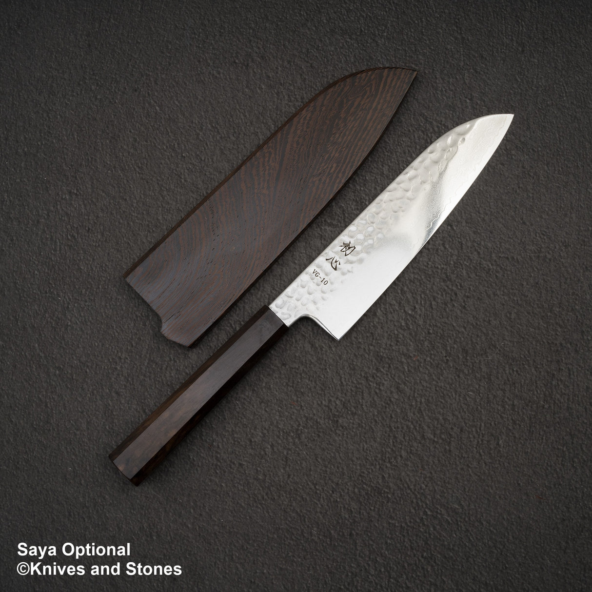 Hatsukokoro Hayabusa VG10 Damascus Tsuchime Santoku 180mm Ebony Handle