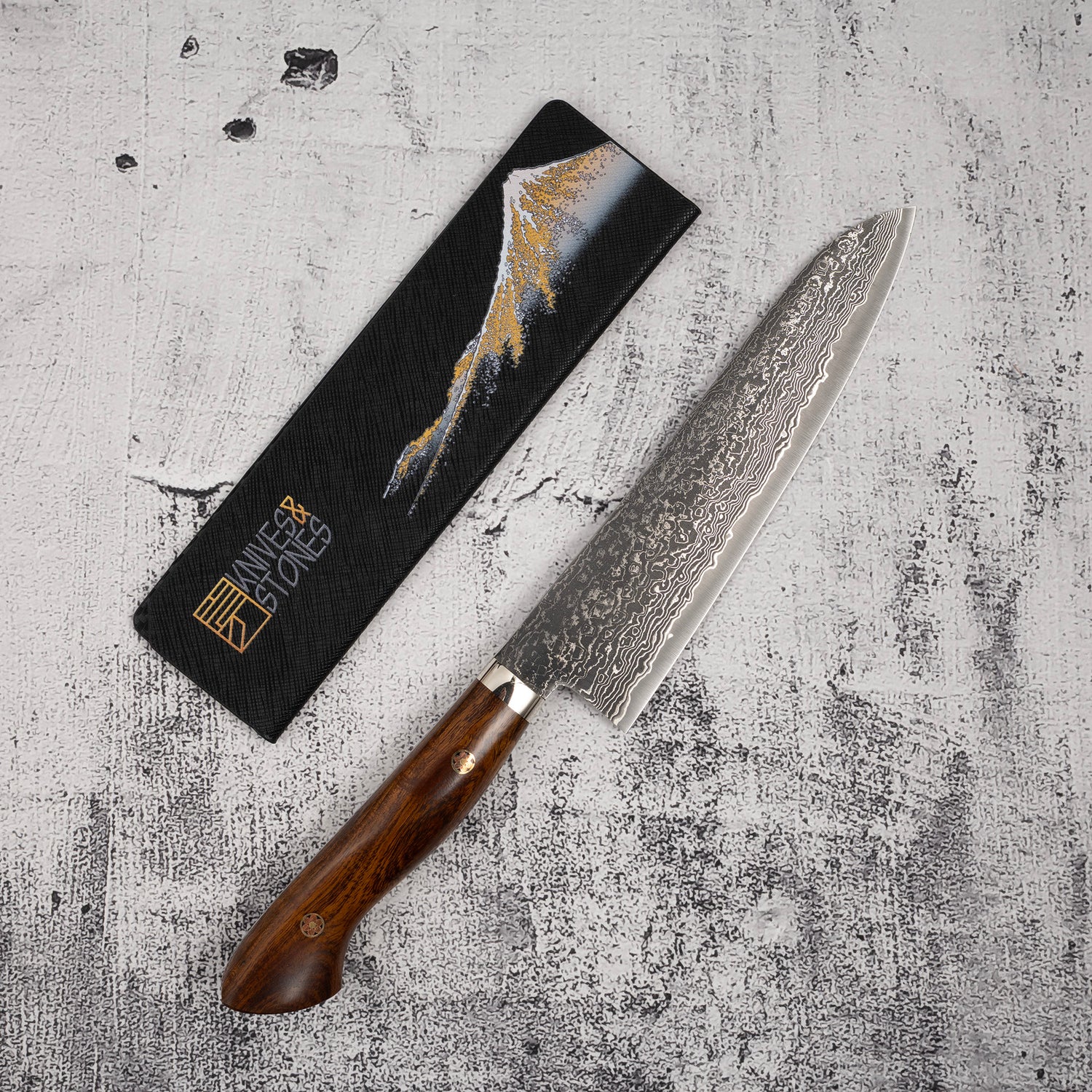 Tanaka R2 Etched Black Damascus Gyuto 180mm Ironwood Handle