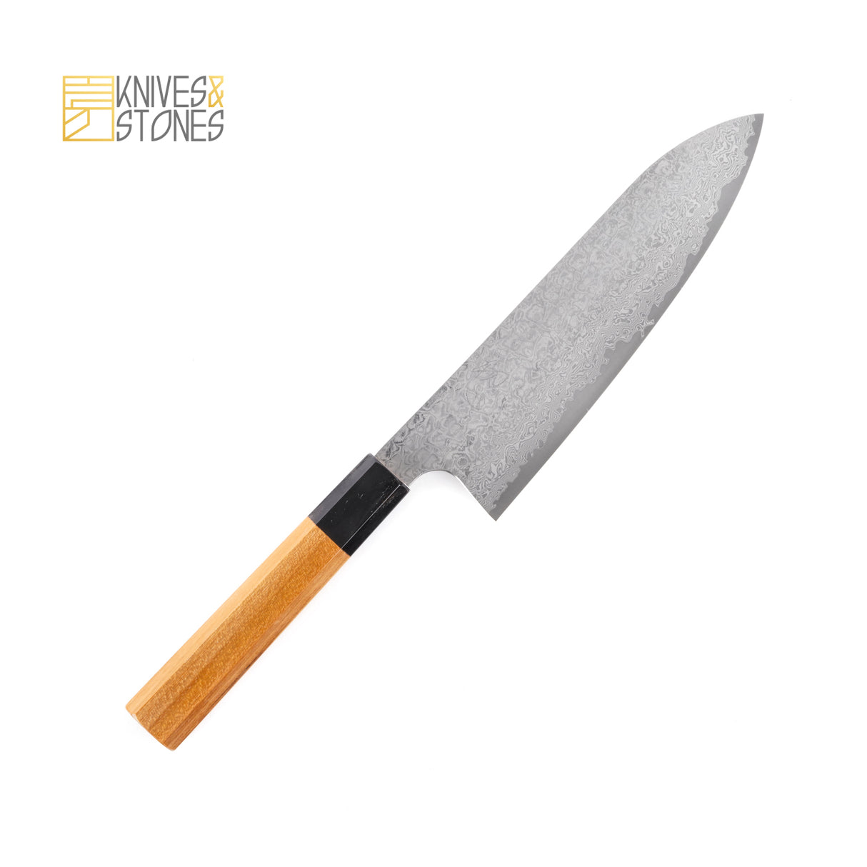 Hatsukokoro Ginsan Damascus Tsuchime Santoku 180mm with Teak Wood Handle, by Yoshihiro Yauji