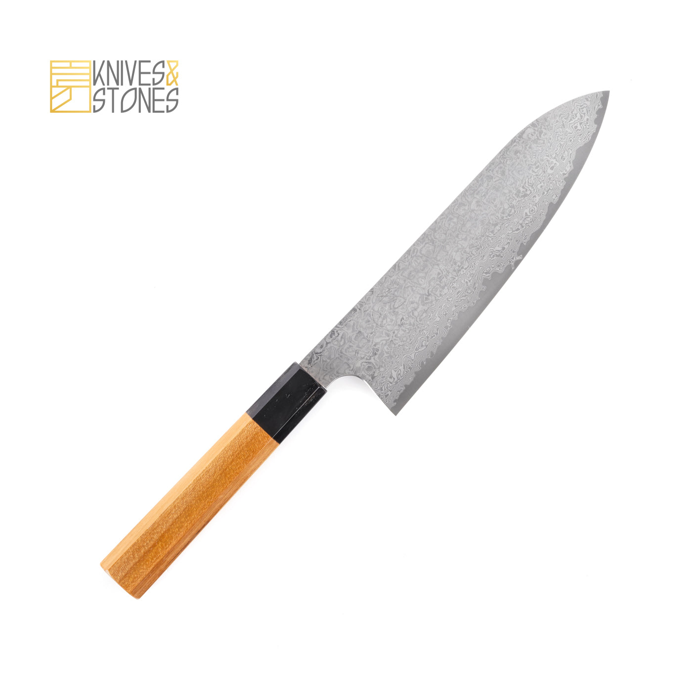 Hatsukokoro Ginsan Damascus Tsuchime Santoku 180mm with Teak Wood Handle, by Yoshihiro Yauji