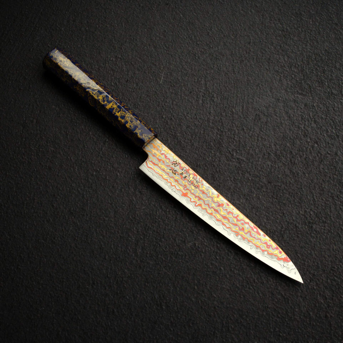Hatsukokoro Kujaku V-Toku-2 Petty 150mm Rainbow Damascus Finish Purple Urushi