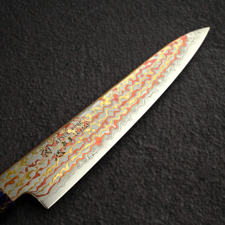 Hatsukokoro Kujaku V-Toku-2 Petty 150mm Rainbow Damascus Finish Purple Urushi
