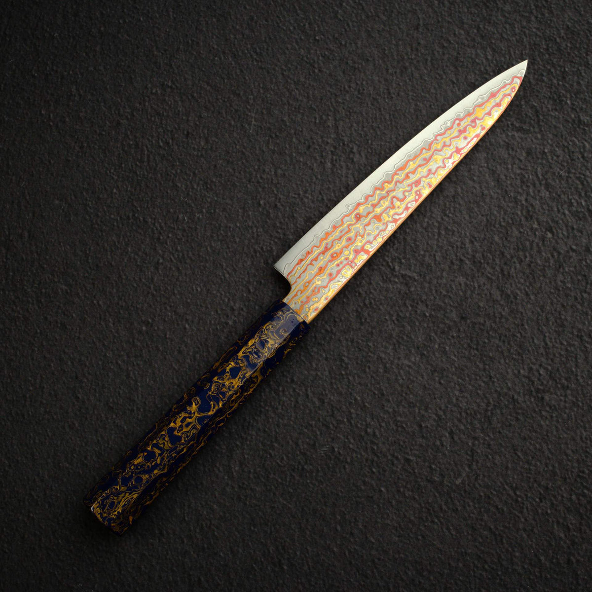 Hatsukokoro Kujaku V-Toku-2 Petty 150mm Rainbow Damascus Finish Purple Urushi