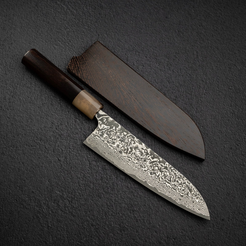 Takeshi Saji SG2 Black Damascus Santoku 180mm Ironwood Handle Wenge Saya