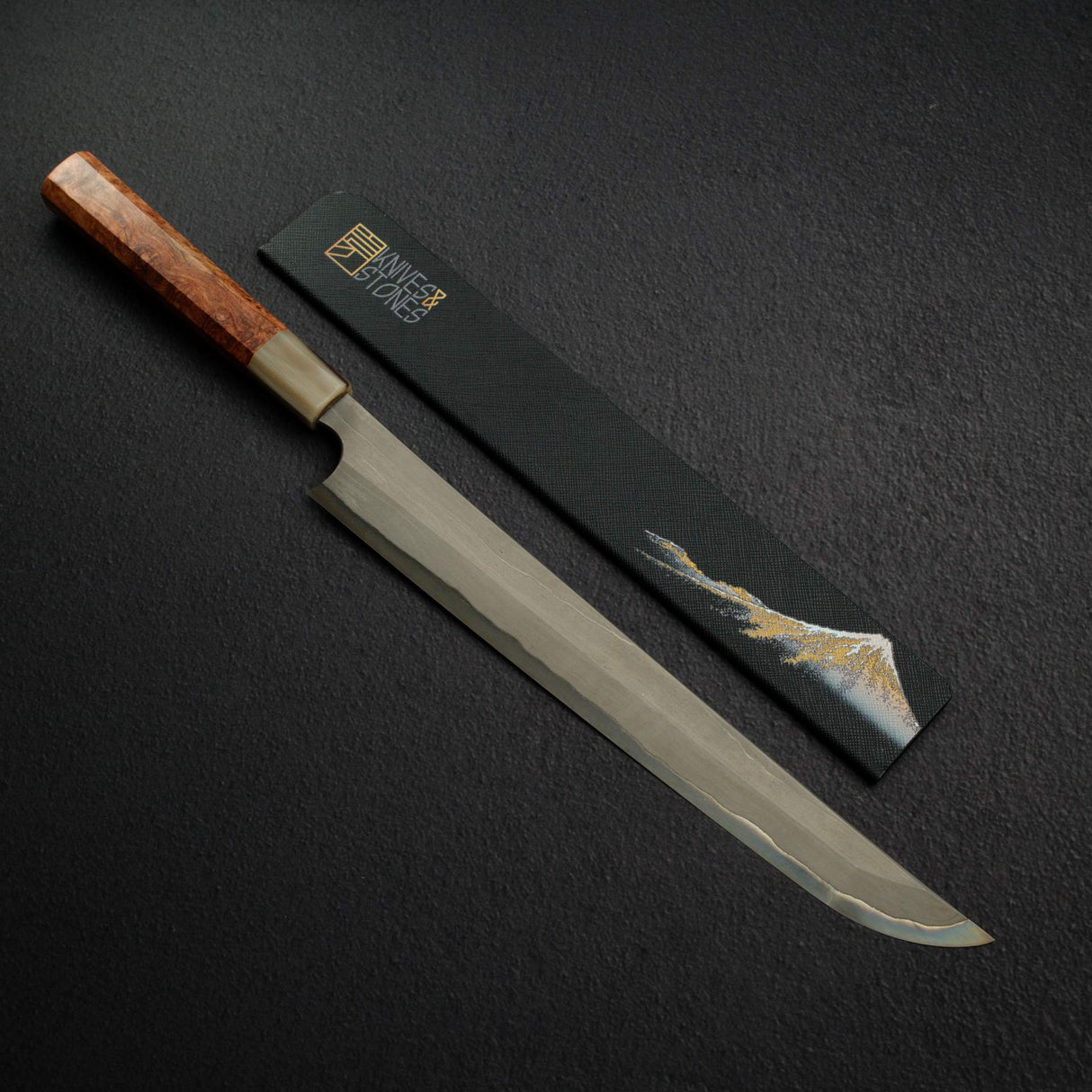 二唐刃物 青鋼二號「練鐵」鍛造鐵心大馬士革先丸蛸引 300mm
