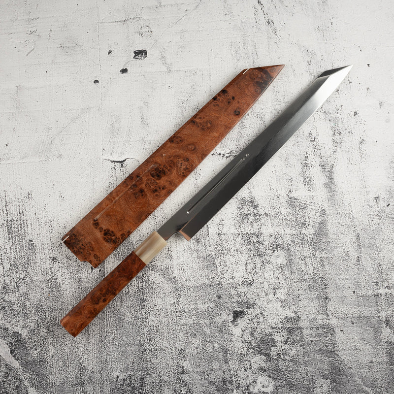 Exotic: Yoshikazu Ikeda Blue #1 Mizu-Honyaki K-tip Yanagiba 300mm with Blood Groove