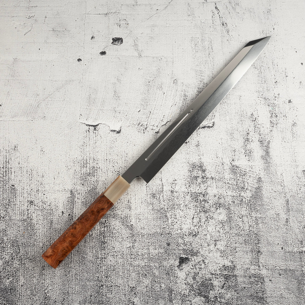 Exotic: Yoshikazu Ikeda Blue #1 Mizu-Honyaki K-tip Yanagiba 300mm with Blood Groove