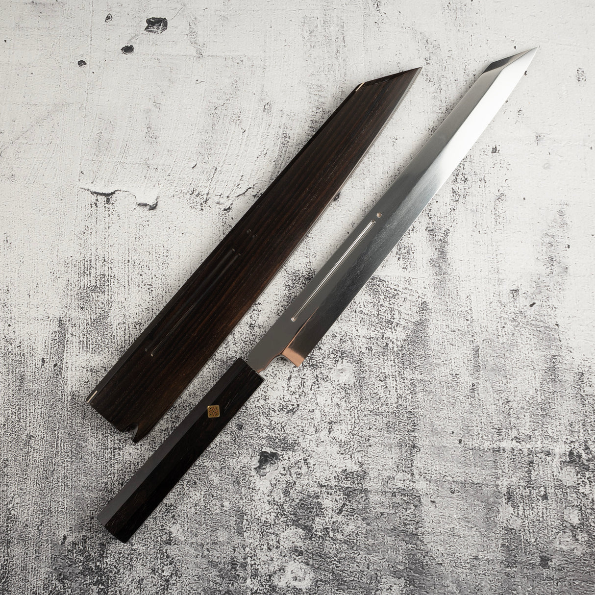 Exotic: Yoshikazu Ikeda Blue #1 Mizu-Honyaki K-tip Yanagiba 300mm with Blood Groove Ebony Set