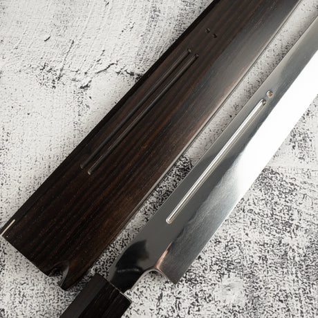 Exotic: Yoshikazu Ikeda Blue #1 Mizu-Honyaki K-tip Yanagiba 300mm with Blood Groove Ebony Set