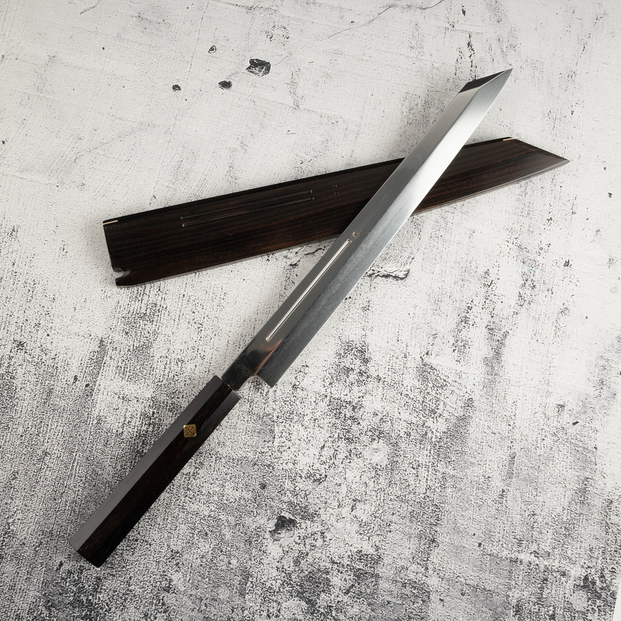 Exotic: Yoshikazu Ikeda Blue #1 Mizu-Honyaki K-tip Yanagiba 300mm with Blood Groove Ebony Set