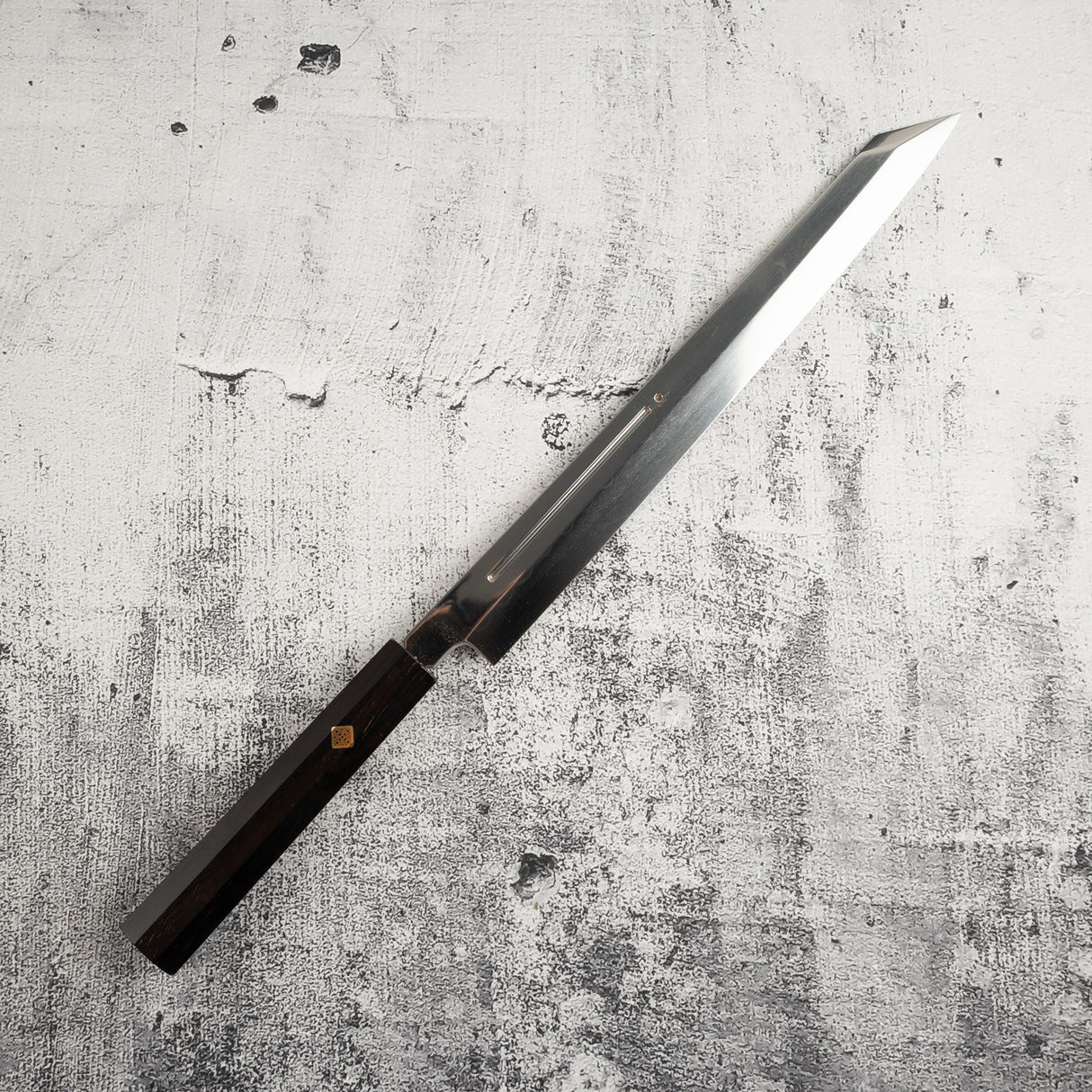 Exotic: Yoshikazu Ikeda Blue #1 Mizu-Honyaki K-tip Yanagiba 300mm with Blood Groove Ebony Set