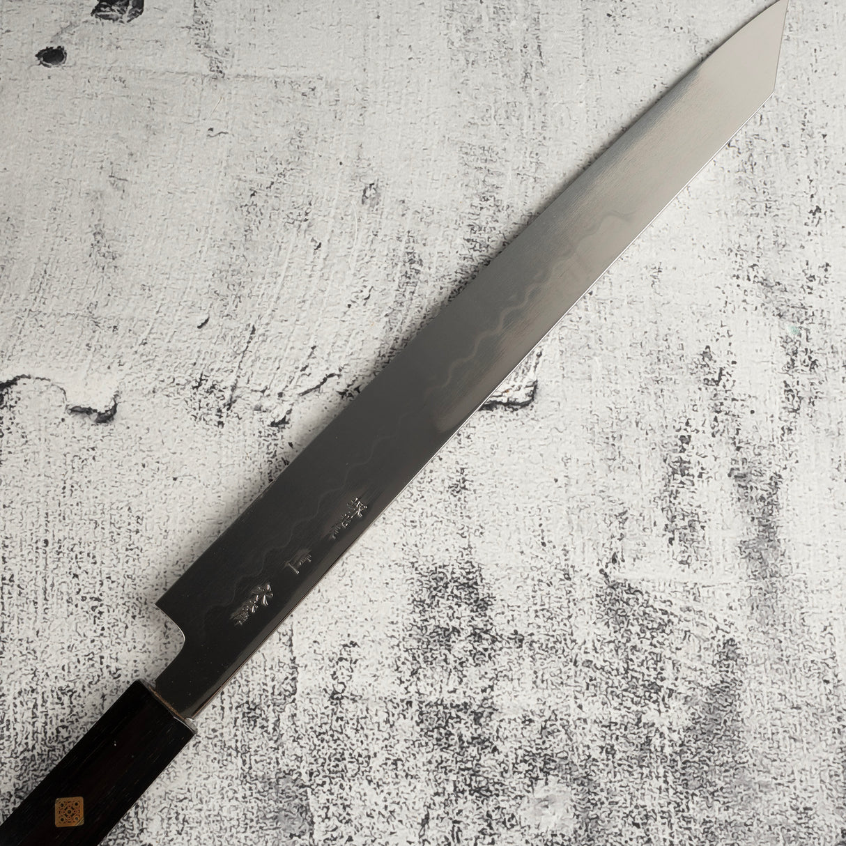 Exotic: Yoshikazu Ikeda Blue #1 Mizu-Honyaki K-tip Yanagiba 300mm with Blood Groove Ebony Set