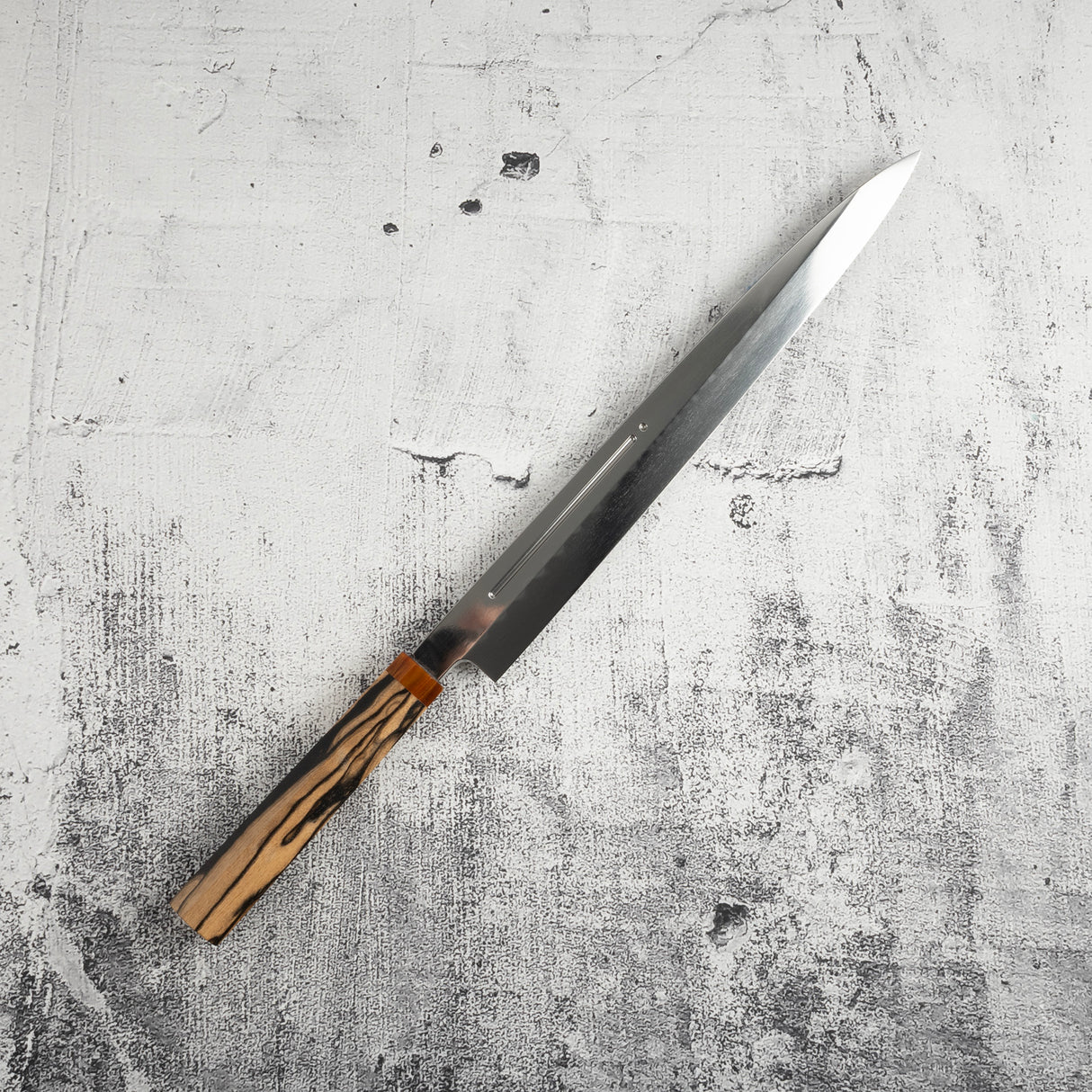 Exotic: Yoshikazu Ikeda Blue #1 Mizu-Honyaki Yanagiba 300mm with Blood Groove Black & White Ebony