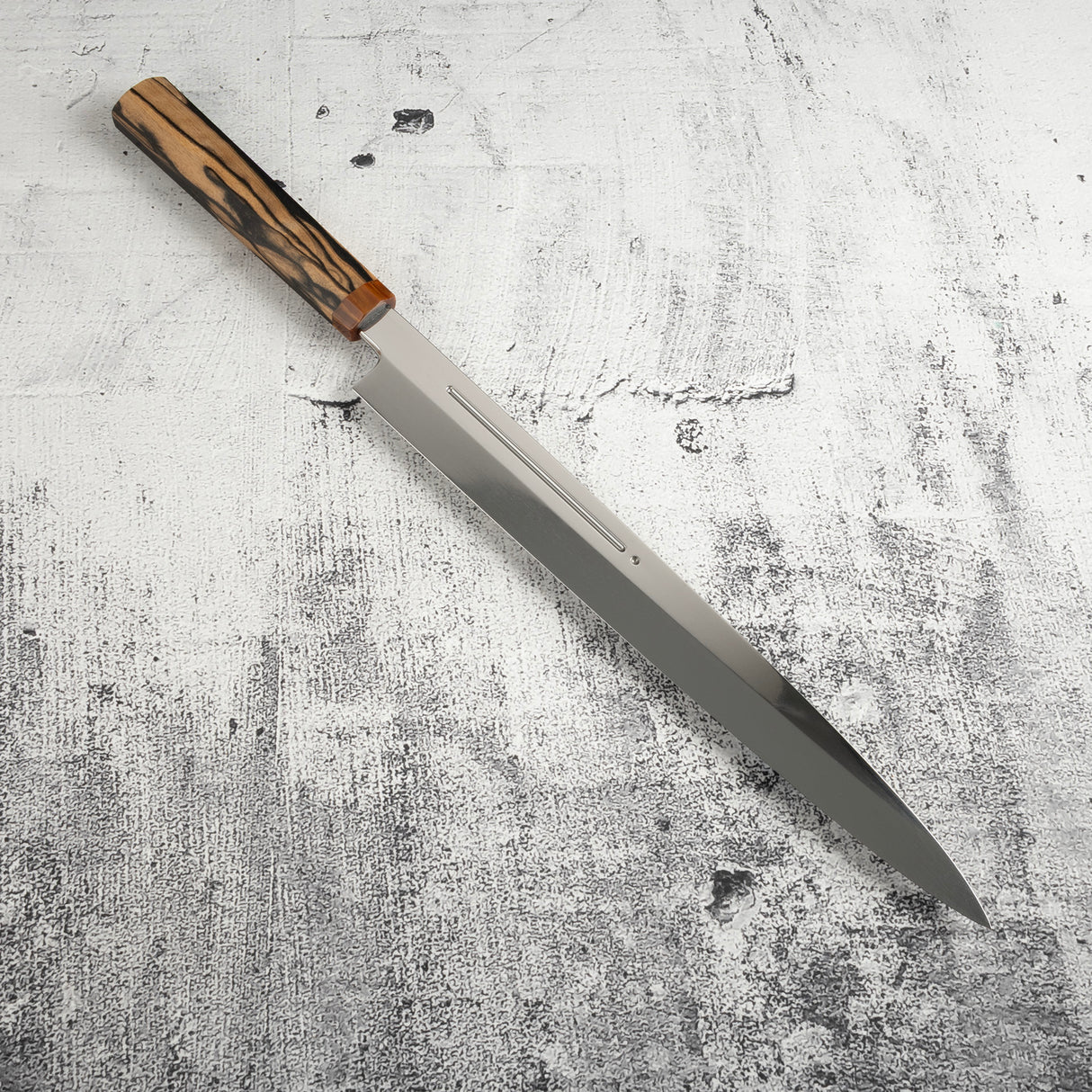 Exotic: Yoshikazu Ikeda Blue #1 Mizu-Honyaki Yanagiba 300mm with Blood Groove Black & White Ebony