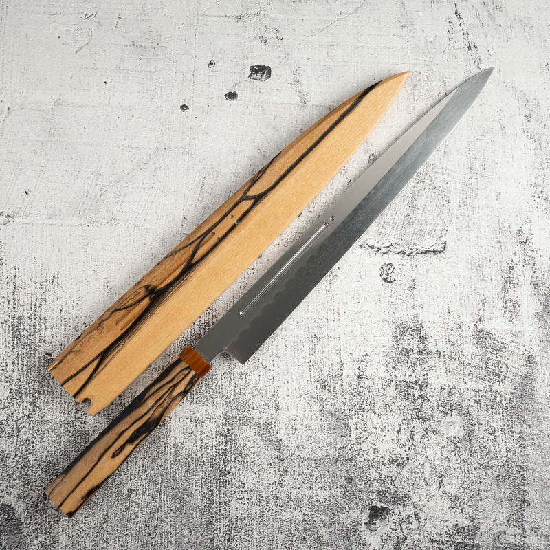 Exotic: Yoshikazu Ikeda Blue #1 Mizu-Honyaki Yanagiba 300mm with Blood Groove Black & White Ebony