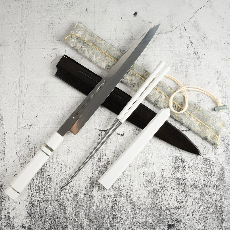 Exotic: Yoshikazu Ikeda Blue #1 Mizu-Honyaki Yanagiba 300mm / Moribashi Set #2