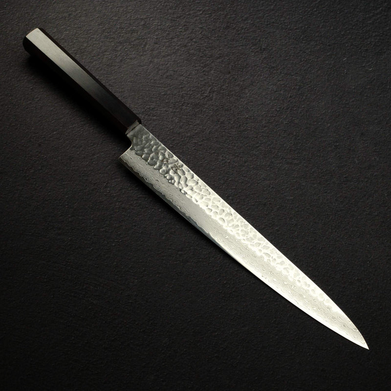 Hatsukokoro Hayabusa VG10 Damascus Tsuchime Sujihiki 270mm Ebony Handle