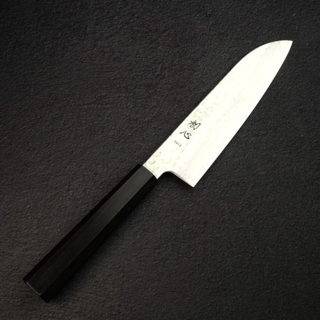 Hatsukokoro Hayabusa VG10 Damascus Tsuchime Santoku 180mm Ebony Handle