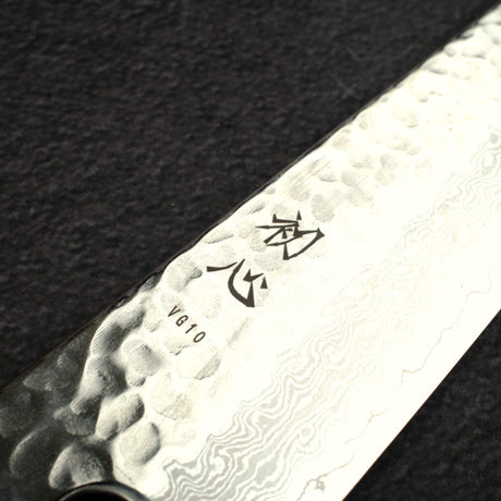 Hatsukokoro Hayabusa VG10 Damascus Tsuchime Santoku 180mm Ebony Handle