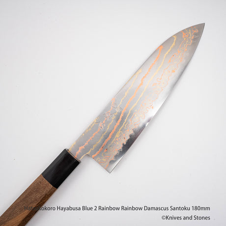 Hatsukokoro Hayabusa Blue 2 Rainbow Rainbow Damascus Santoku 180mm