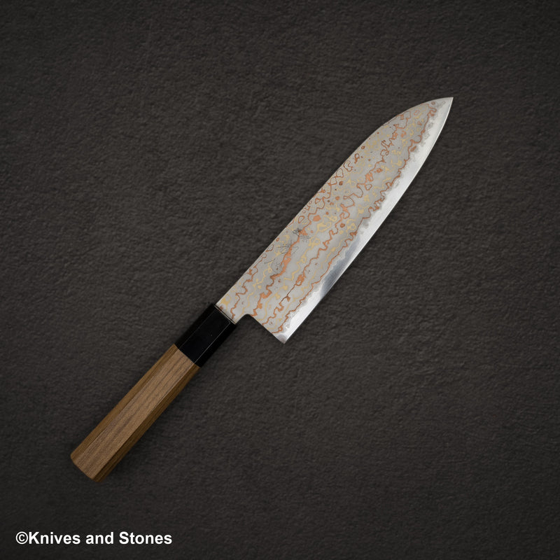 Hatsukokoro Hayabusa Blue 2 Rainbow Damascus Santoku 180mm