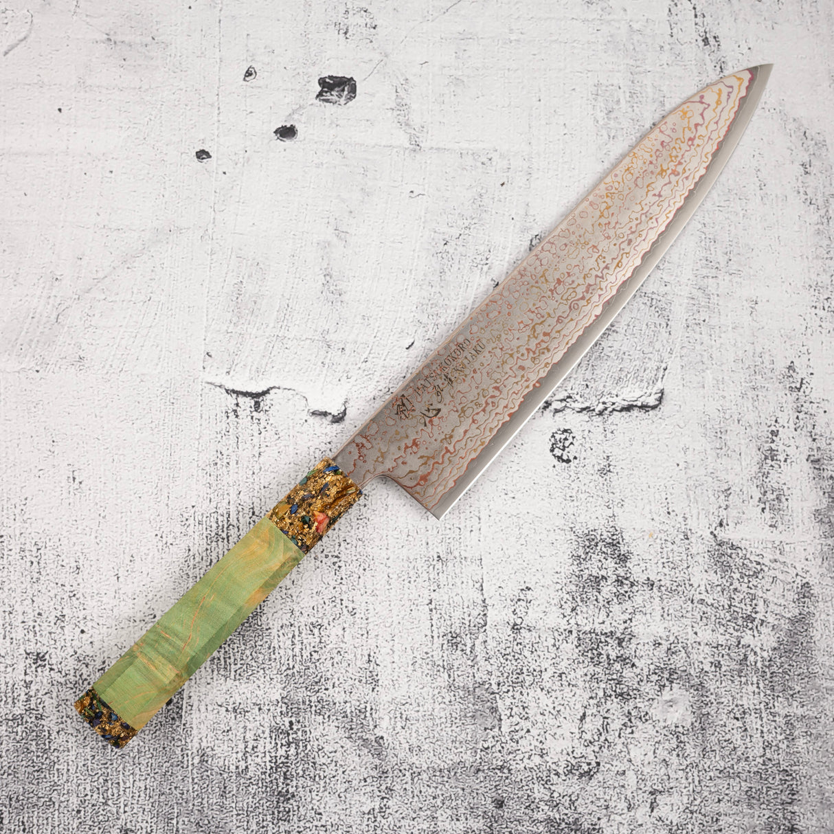 Hatsukokoro Kujaku V-Toku-2 Gyuto 240mm Rainbow Damascus Finish Green