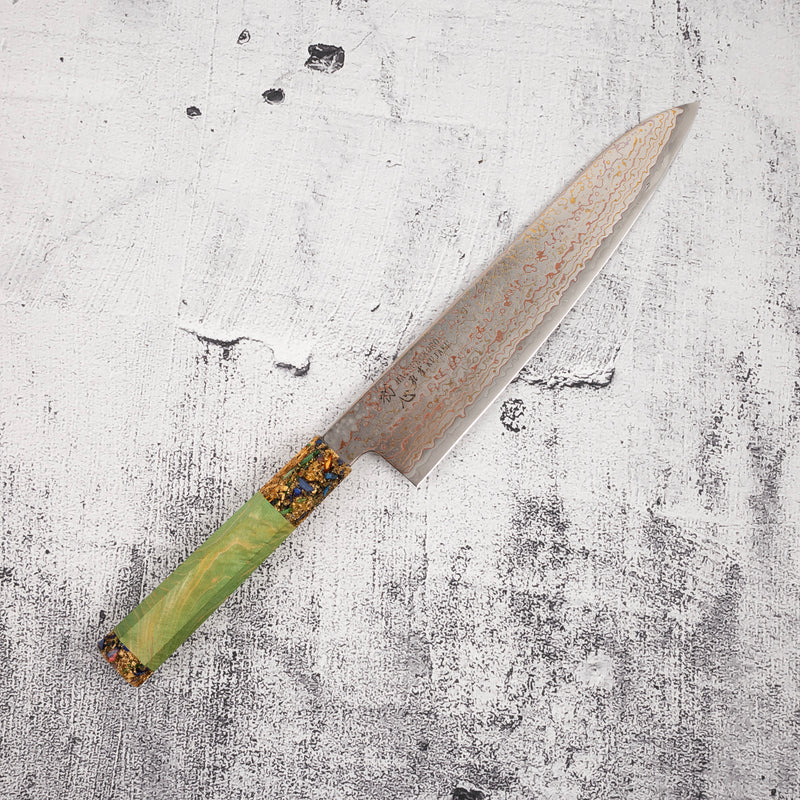 Hatsukokoro Kujaku V-Toku-2 Gyuto 210mm Rainbow Damascus Finish Green