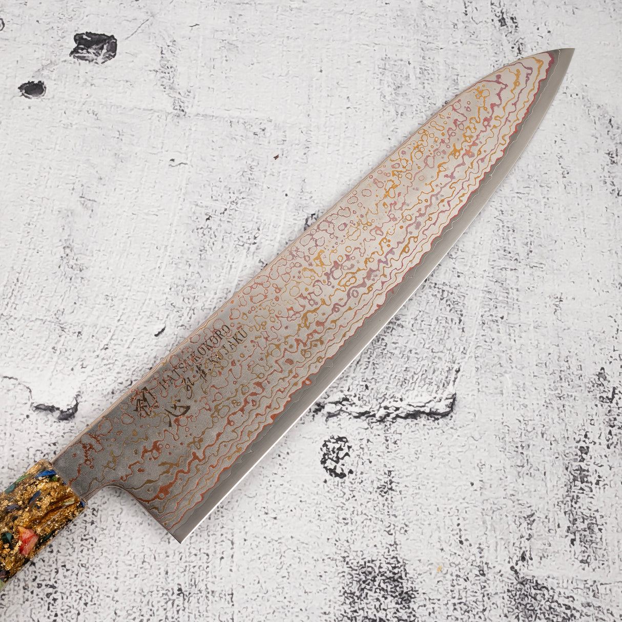 Hatsukokoro Kujaku V-Toku-2 Gyuto 240mm Rainbow Damascus Finish Green