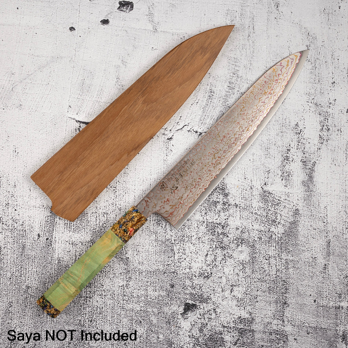 Hatsukokoro Kujaku V-Toku-2 Gyuto 240mm Rainbow Damascus Finish Green