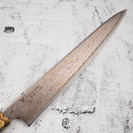 Hatsukokoro Kujaku V-Toku-2 Sujihiki 270mm Rainbow Damascus Finish