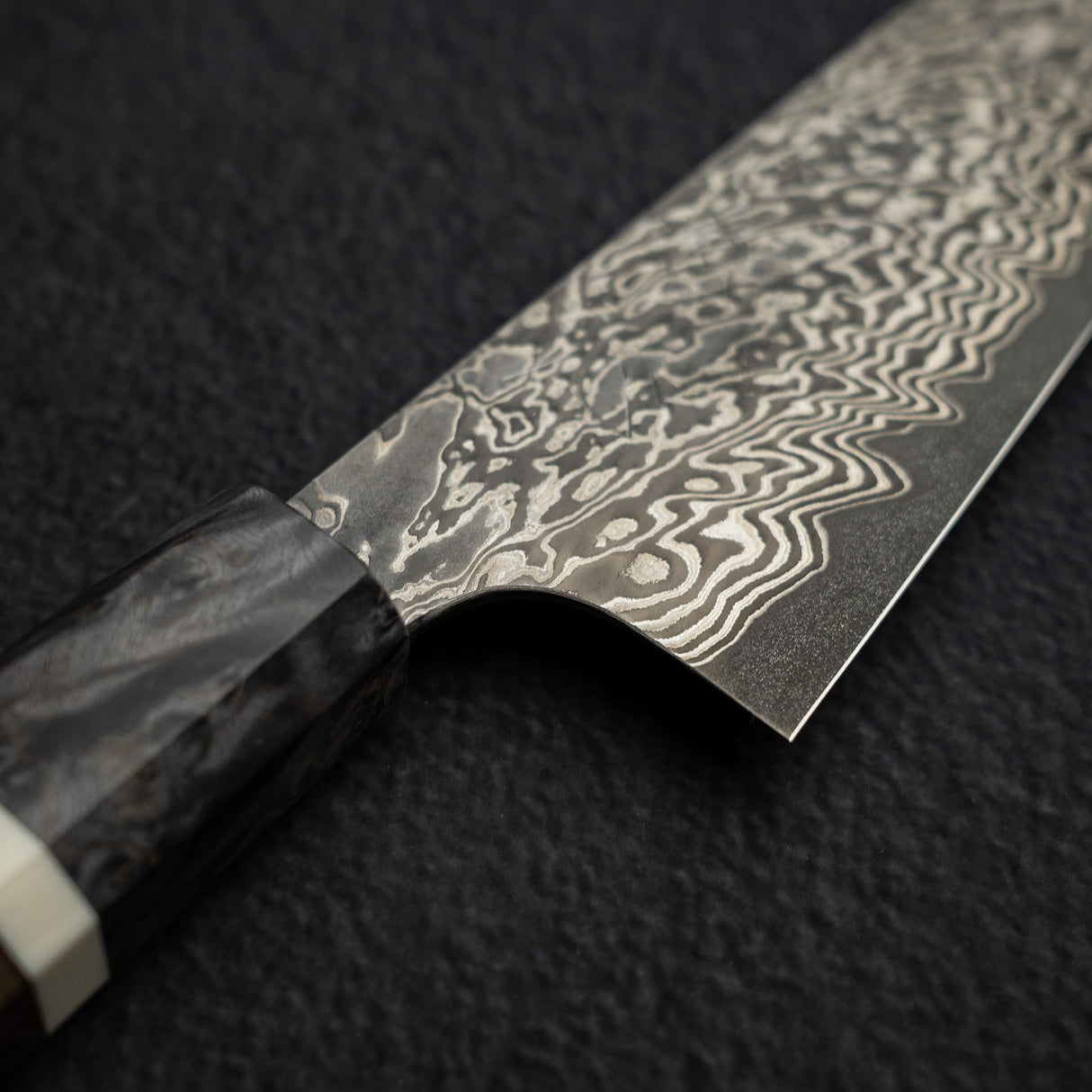 Hatsukokoro x Nigara Yorokobi Full Polish SLD Gyuto 210mm Black Damascus Birch