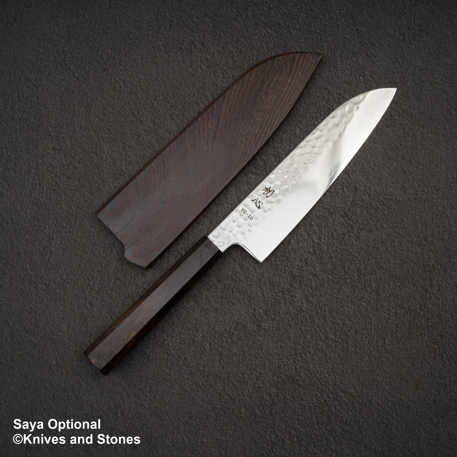 Hatsukokoro Hayabusa VG10 Damascus Tsuchime Santoku 180mm Ebony Handle