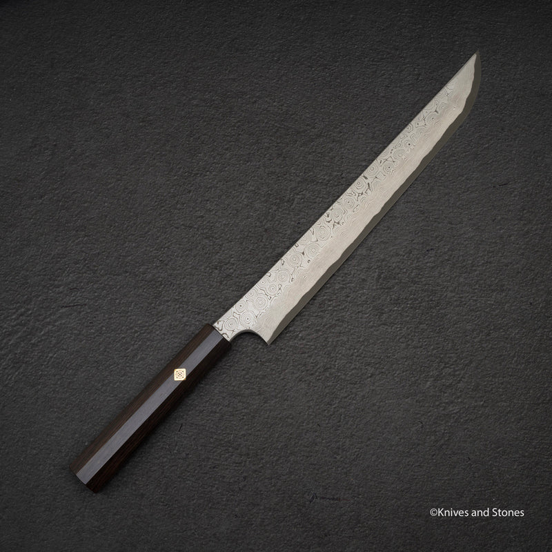 Nigara Anmon Kurozome Blue 2 Damascus Sakimaru Takobiki Yanagiba 300