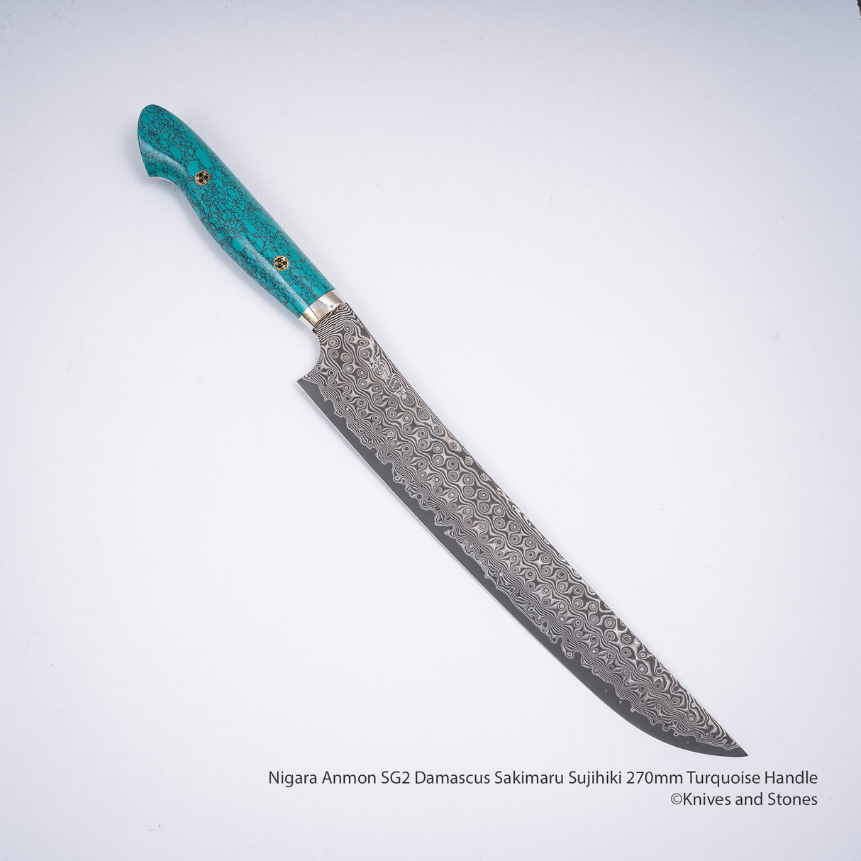 Nigara Anmon SG2 Damascus Sakimaru Sujihiki 270mm Turquoise Handle SP1