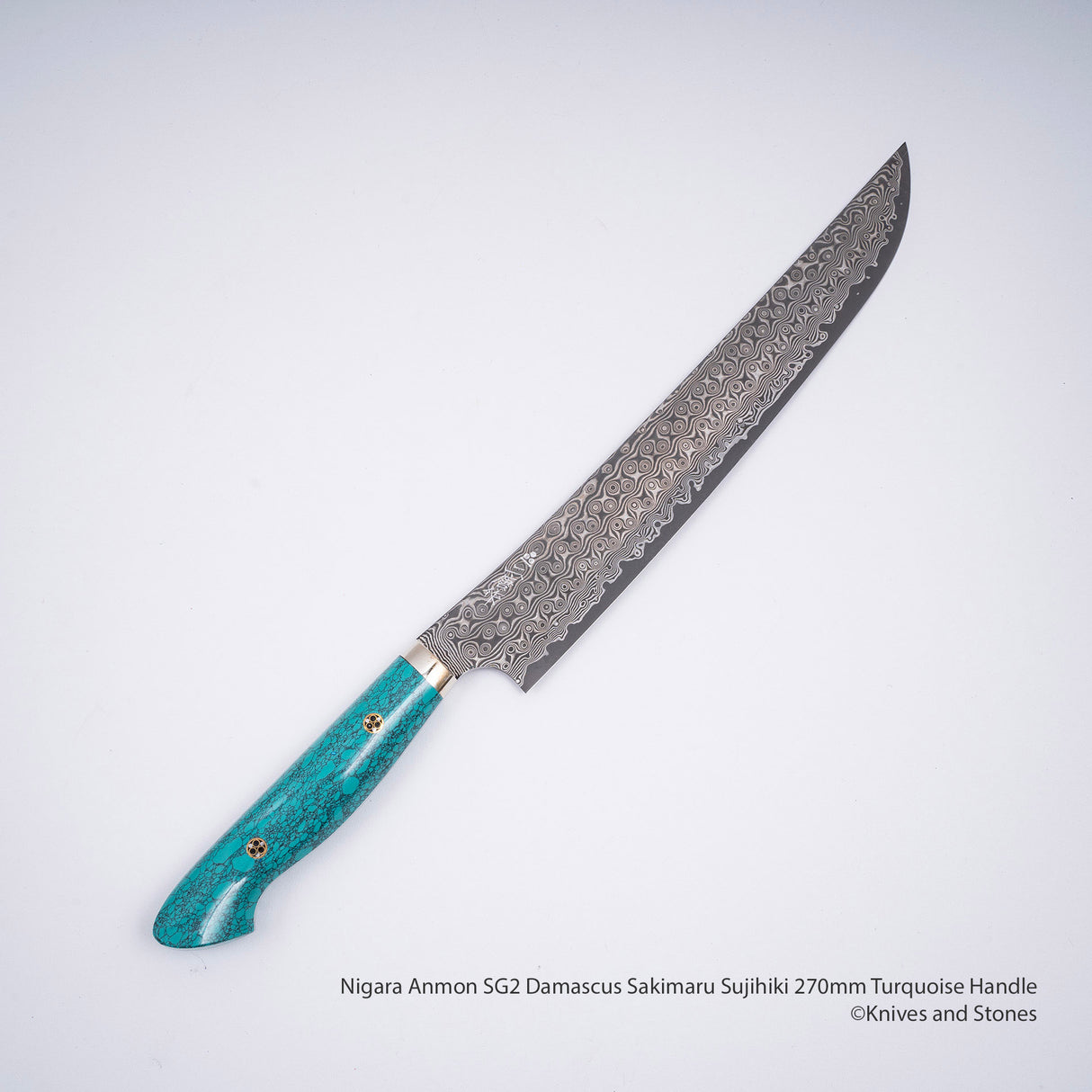Nigara Anmon SG2 Damascus Sakimaru Sujihiki 270mm Turquoise Handle SP1