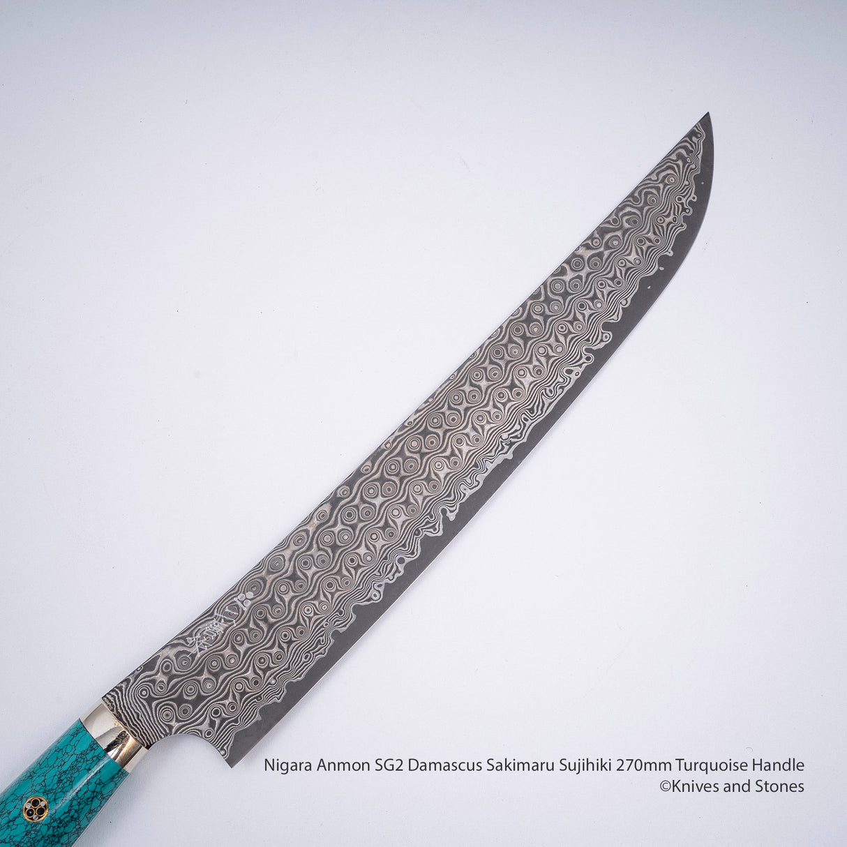 Nigara Anmon SG2 Damascus Sakimaru Sujihiki 270mm Turquoise Handle SP1