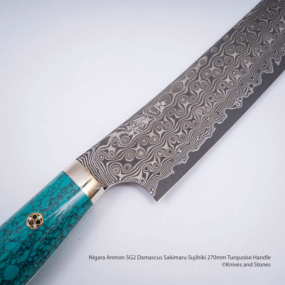 Nigara Anmon SG2 Damascus Sakimaru Sujihiki 270mm Turquoise Handle SP1