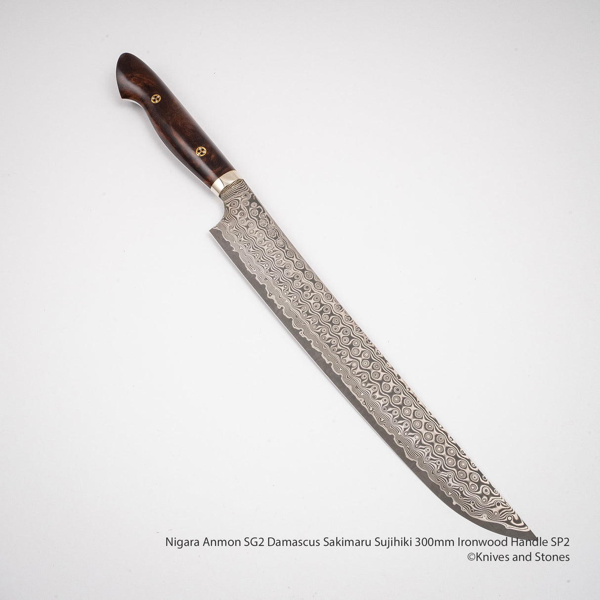 Nigara Anmon SG2 Damascus Sakimaru Sujihiki 300mm Ironwood Handle SP2