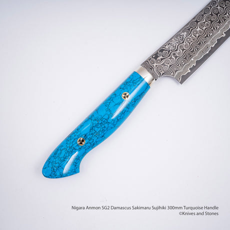 Nigara Anmon SG2 Damascus Sakimaru Sujihiki 300mm Turquoise Handle SP1