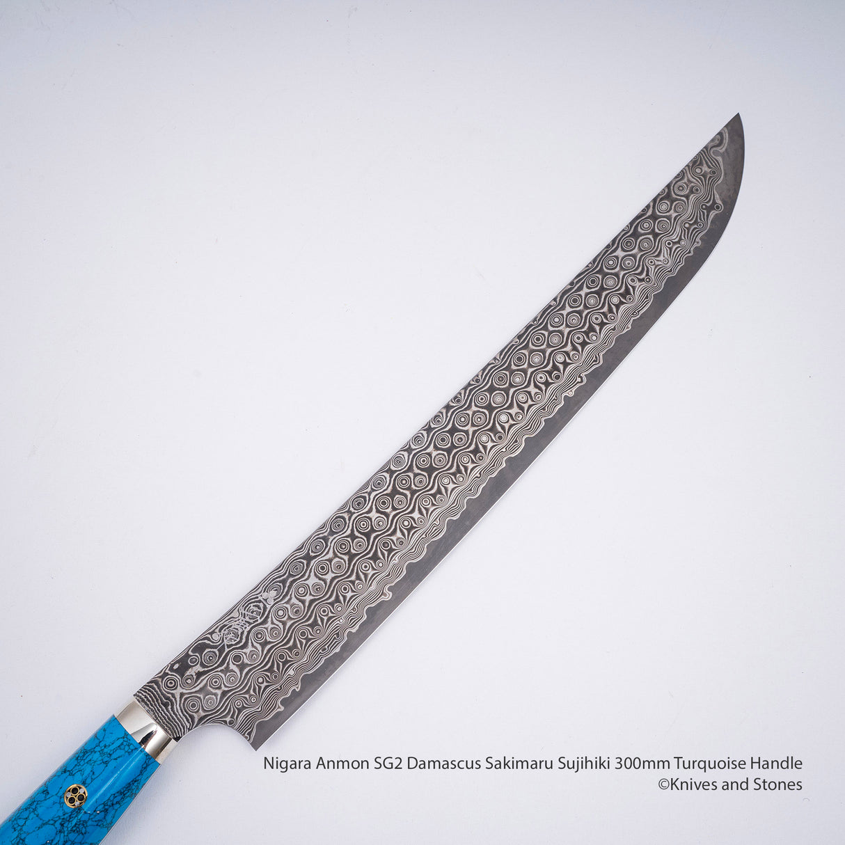 Nigara Anmon SG2 Damascus Sakimaru Sujihiki 300mm Turquoise Handle SP1