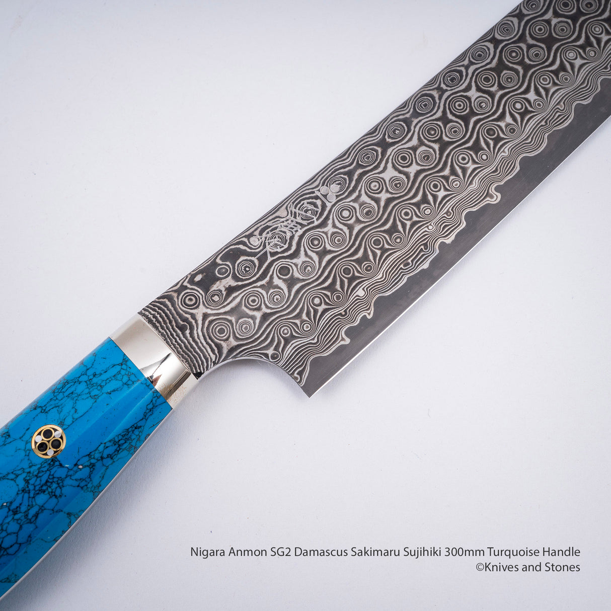 Nigara Anmon SG2 Damascus Sakimaru Sujihiki 300mm Turquoise Handle SP1