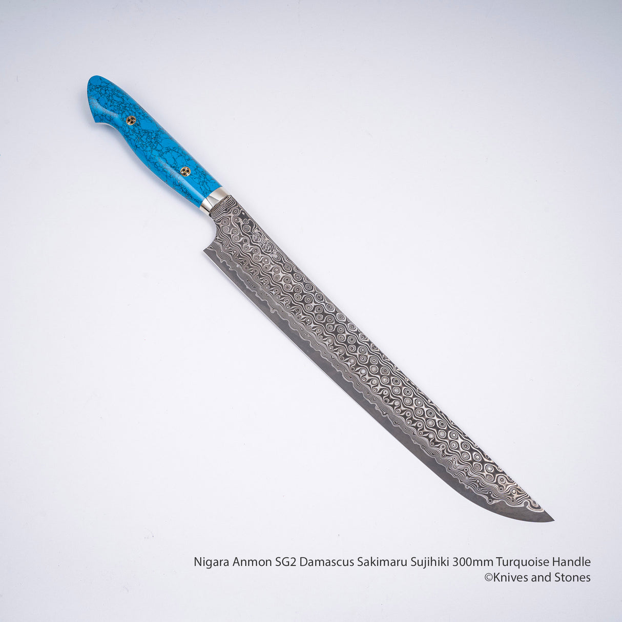 Nigara Anmon SG2 Damascus Sakimaru Sujihiki 300mm Turquoise Handle SP1