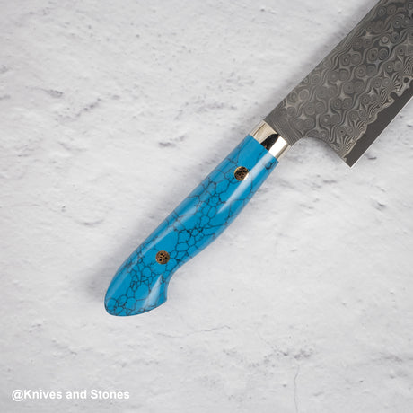 Nigara Anmon (暗紋) SG2 Raindrop Damascus Bunka 180mm Western Blue Turquoise