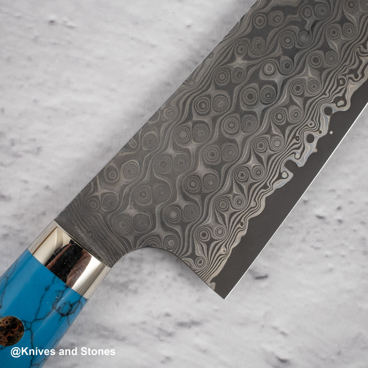 Nigara Anmon (暗紋) SG2 Raindrop Damascus Bunka 180mm Western Blue Turquoise